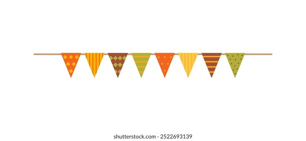 Autumn colors triangle party flag garland on white background.	