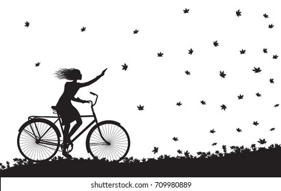 autumn come, girl riding on the bicycle and autumn leaves falling, silhouette, black and white, vector