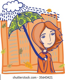 Autumn come. A girl walks in the rain.