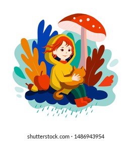 Autumn comes - smiling little girl with red hair, season character. The child in raincoat sits on a rainy cloud under fly agaric mushroom, with cat in arms, with harvest, leaves. Vector illustration.