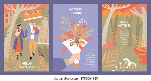 Autumn is coming concept. Set of vector cards with a happy family, a bouquet of leaves and an autumn garden. Illustrations in flat style