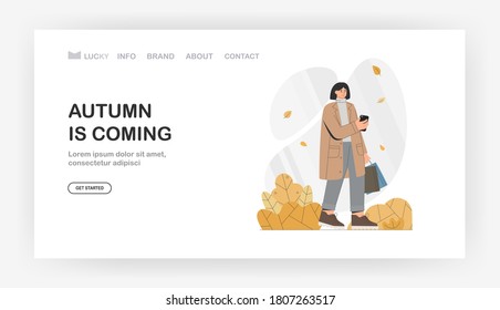 Autumn is coming for landing page, banner. Female character in a coat holds a phone and bags in autumn. Healthy lifestyle and recreation leisure activity. Flat style vector illustration.