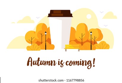 Autumn is coming. Paper cup of coffee in autumn park. Trees, bench, lantern, clouds, yellow park. Concept cozy mood with coffee.