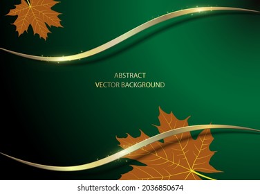 Autumn composition. Abstract green background with gold lines and maple leaves.