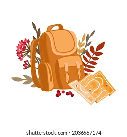 
autumn composition with backpack and map on the white background