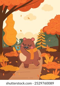 autumn composition, a bear in a scarf with a mug of warm drink stands in the forest on a path, red and orange trees