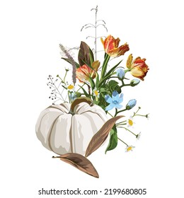 Autumn composition. Beautiful flowers, herbs and white pumpkin.