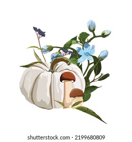 Autumn composition. Beautiful flowers, herbs, mushrooms and white pumpkin.