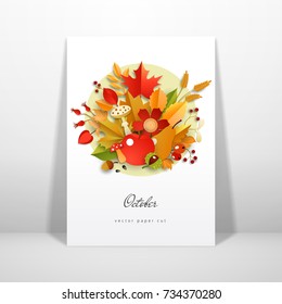 Autumn composition with berries, apple, mushroom and leaves. Card standing at the wall. Mockup for design with shadow