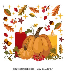 Composición de Otoño con Velas, Calabazas y Hojas de Otoño