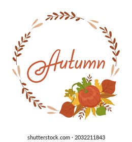 Composición de otoño. Tarjeta con hojas dibujadas a mano y marco beige. Tarjeta moderna colores bonitos