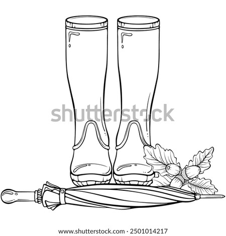 Autumn composition with a closed folded umbrella, rubber boots, acorns. Rainy weather accessories. Vector illustration in hand drawn sketch doodle style. Line art isolated on white for coloring book