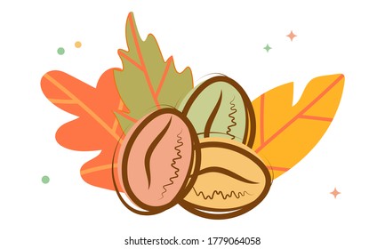 Autumn composition with coffee beans and leaves,
Bright flat design,
Abstract vector composition.