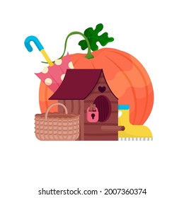 Autumn composition. Cute bird house, umbrella, rubber boots and acorn.