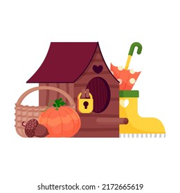 Autumn composition. Cute bird house, umbrella, rubber boots and acorn.