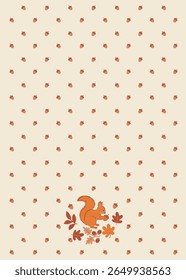 Autumn composition with a cute bright orange squirrel holding a mushroom, autumn berries, leaves and tree branches. Cute Autumn, perfect for web, harvest festival, banner, card and thanksgiving 