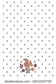 Autumn composition with a cute brown squirrel holding a mushroom, autumn berries, leaves and tree branches.Cute Autumn, perfect for web, harvest festival, banner, card and thanksgiving