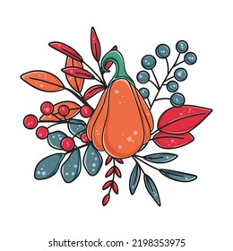 Autumn composition with cute and cozy decorative design elements. Hand drawn creative with pumpkin foliage and berries. Isolated fall vector illustration for print