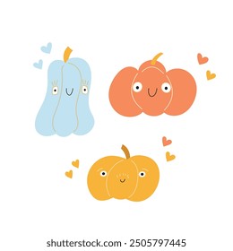 Composición de otoño, lindas calabazas sonrientes dibujadas a mano, objetos de temporada. Ilustración vectorial en estilo plano