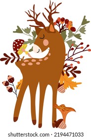 Autumn composition with a cute little deer and a bright bird, autumn berries, leaves and tree branches. Cute Autumn, perfect for web, harvest festival, banner, card, Thanksgiving.Vector illustration