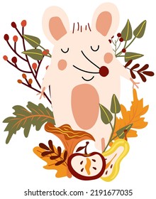 Autumn composition with a cute mouse, autumn mushrooms, berries and tree branches. Perfect for web, harvest festival, banner, card and Thanksgiving. Vector illustration.