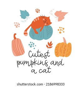 Autumn composition with cute pumpkin, cat, leaves and inscription - Cutest pumpkins and a  cat. Perfect for greeting cards, posters, for t-shirt design, prints on mugs, pillows, wallpaper