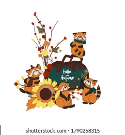 Autumn composition. Autumn decor. Cute red panda. Pumpkin. Harvest. Thanksgiving Day. Illustration isolated on white background.