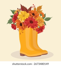 Flores y plantas de otoño en botas de goma Bouquete de jardín de otoño.