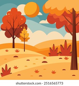 Autumn composition. Fall sunny day, cloudy sky,  trees with yellow and red leaves, hills  in background 