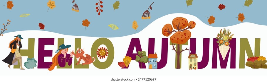 Autumn composition with flat text, huge letters. Fall symbols, hello fall, thanksgiving, characters of people. Hand drawn vector.

 