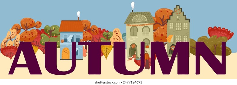 Autumn composition with flat text, huge letters. Fall symbols, hello fall, thanksgiving, characters of people. Hand drawn vector.

 