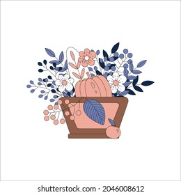 Autumn composition with flowers, twigs, pumpkin, apple in a vase. Flower and vegetable bouquet in a pot in a blue-brown color scheme. For postcards, invitations, holidays