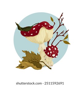 Composición otoñal con setas agáricas de mosca, ramas secas y hojas de otoño coloridas. Gráficos de Vector.