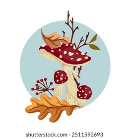 Autumn composition with fly agaric mushrooms, dry branches and colorful autumn leaves. Vector graphics.