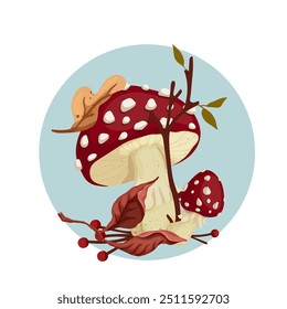 Autumn composition with fly agaric mushrooms, dry branches and colorful autumn leaves. Vector graphics.