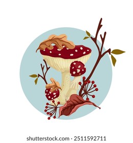 Autumn composition with fly agaric mushrooms, dry branches and colorful autumn leaves. Vector graphics.