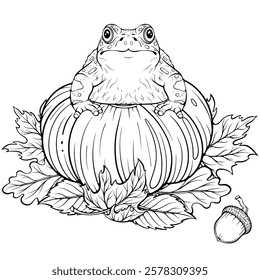 Autumn composition frog sitting on a pumpkin with fallen leaves. Halloween concept. Front view. Vector illustration in hand drawn sketch style. Line art isolated on white for coloring book, print