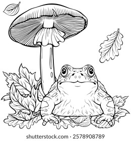 Autumn composition frog under a mushroom with fallen leaves. Front view. Forest still life. Vector illustration in hand drawn sketch style. Line art isolated on white for coloring book, print