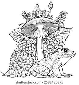 Autumn composition frog under a mushroom with leaves, rowan and fir cone. Forest still life. Vector illustration in hand drawn sketch style. Line art isolated on white for coloring book, print