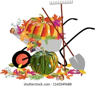 autumn composition with garden tools. pumpkin and autumn leaves. mushrooms and berries