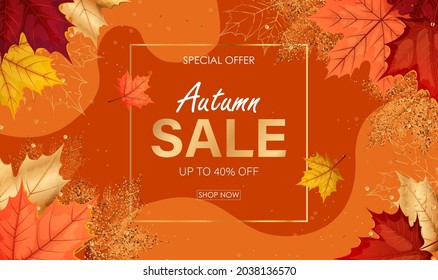 Autumn composition. Golden, yellow and red maple leaves on orange background. Special offer, sale, shop now. Vector illustration