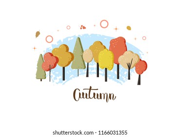 Autumn composition. Handwritten lettering with  trees decoration. Elements for season design. Vector illustration.