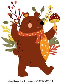 Autumn composition with a happy bear holding a mushroom, autumn berries, leaves and tree branches. Cute Autumn, perfect for web, harvest festival, banner, card and thanksgiving. Vector illustration.