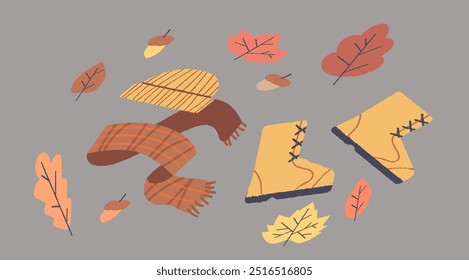 Autumn composition with hat, scarf and boots. Hand drawn style illustration