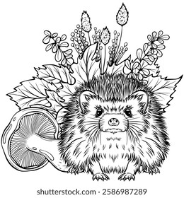 Autumn composition hedgehog with autumn leaves and mushroom. Forest still life. Vector illustration in hand drawn sketch style. Line art isolated on white for coloring book, print