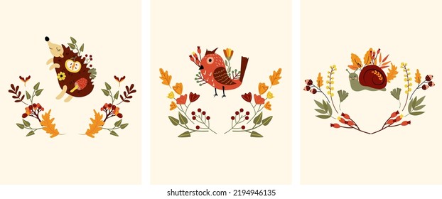 Autumn composition with hedgehog, snail, bird, flower, red berry and leaves. Cute Autumn. Perfect for web, harvest festival, banner, card and Thanksgiving. Vector illustration