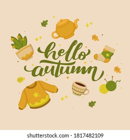 Autumn composition, autumn hello, autumn hand drawn 
cute and cozy design elements. Autumn season handwritten slogan. 