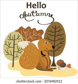 Autumn composition with Hello autumn lettering, squirrel and trees, mushrooms.