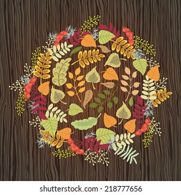Autumn composition. Illustration Composition a wooden background.Ideal motif for postcards, covers and other printing and web projects.  