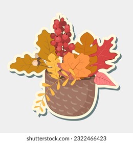 Autumn composition of leaves in a box sticker. Vector sticker autumn leaves.